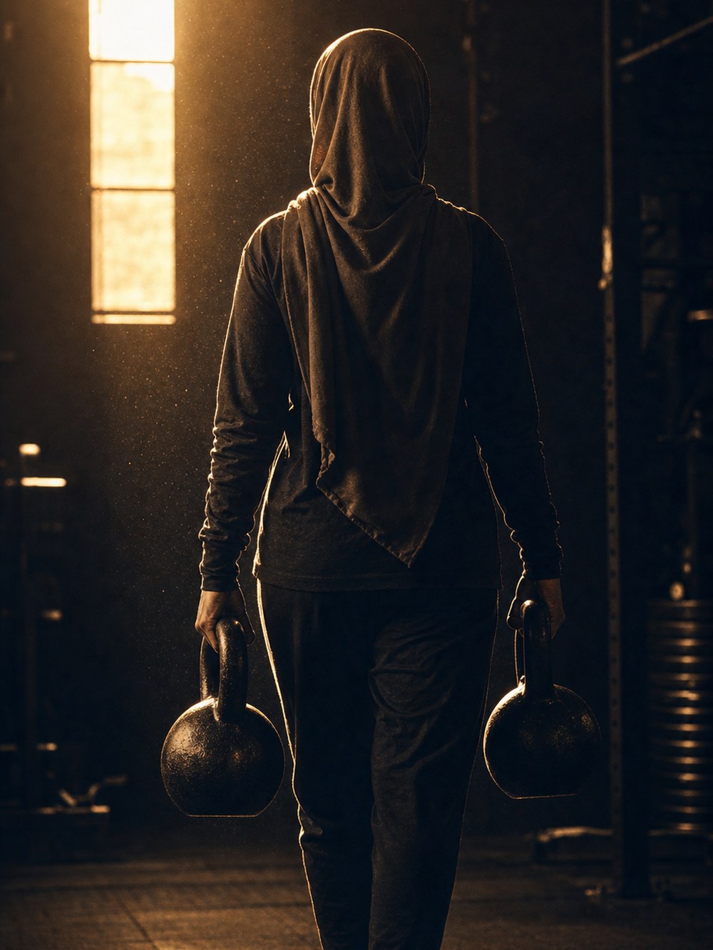 A woman in hijab seen from behind, carrying a heavy kettlebell in each hand across a dark gym toward a bright window
