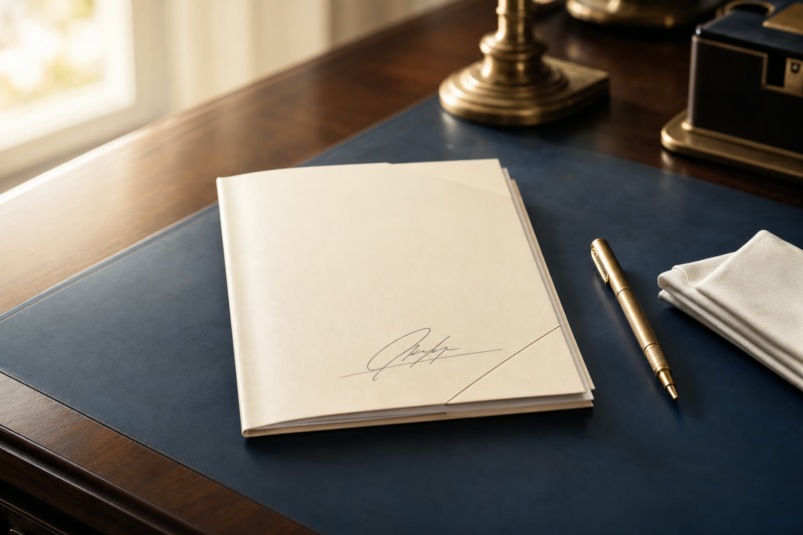 A signed service agreement folder and brass pen on a dark walnut desk in warm window light